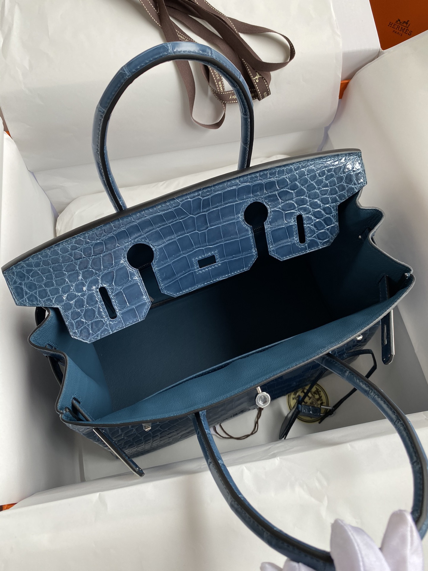 Hermes Birkin 30CM Handmade Bag In Blue Tempete Crocodile Niloticus Shiny Skin